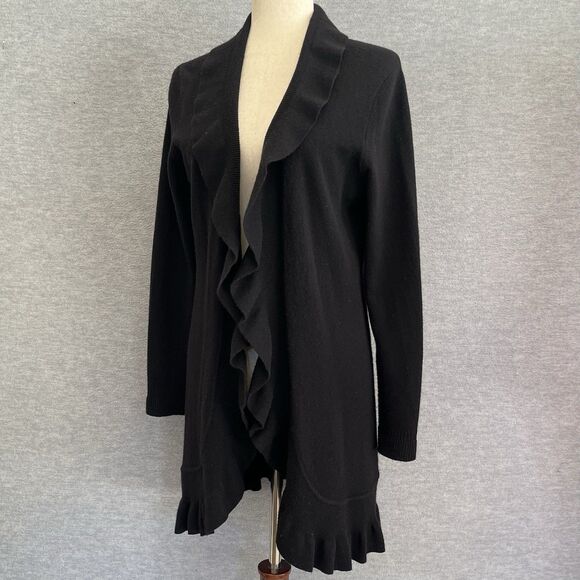 Peck & Peck Wool Cashmere Cardigan Sweater Size M Black Ruffles Frills Longline - Picture 2 of 12